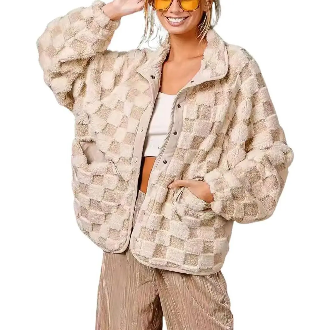 Chouyatou Women's Winter Casual Contrast Plaid Sherpa Button Jacket, Loose Fit Outerwear, Oversized Faux Fur Tops for Street Wear, Long Sleeve Chouyatou Women's Winter Casual Contrast Plaid Sherpa Button Jacket, Loose Fit Outerwear, Oversized Faux Fur Tops for Street Wear, Long Sleeve