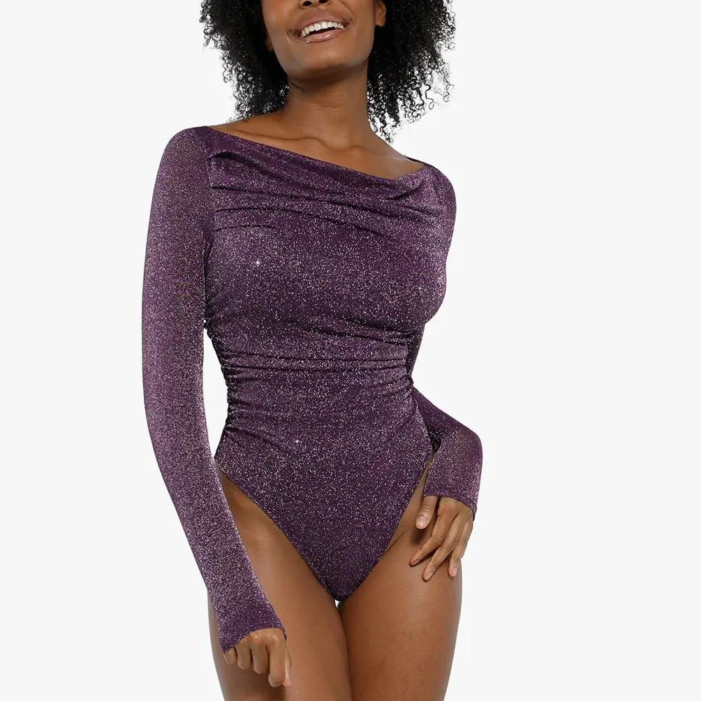 Popilush Shapewear Metallic Knit Long Sleeve Bodysuit