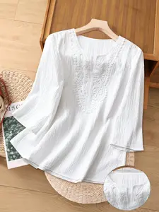Textured Mid-Sleeve Top, Elegant Aesthetic Hollow Embroidery V-Neck Shirt, Loose Fit Slimming Vacation Style Casual, Versatile Women's Blouse, Feminine