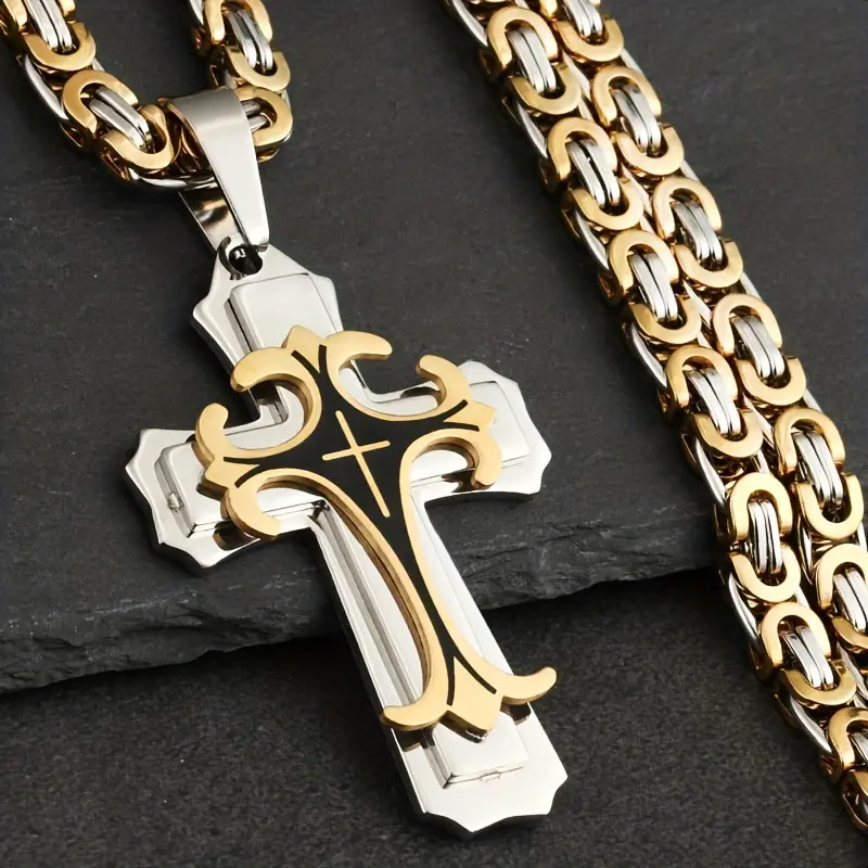 Male Vintage Handmade Flat Cross Charm Necklace - Multi-layered Stainless Steel Cross Design Pendant, Gold Stainless Steel Necklace Chain, Stylish Casual Wear Fashion Costume Jewelry Accessory, Gold Necklace Chain