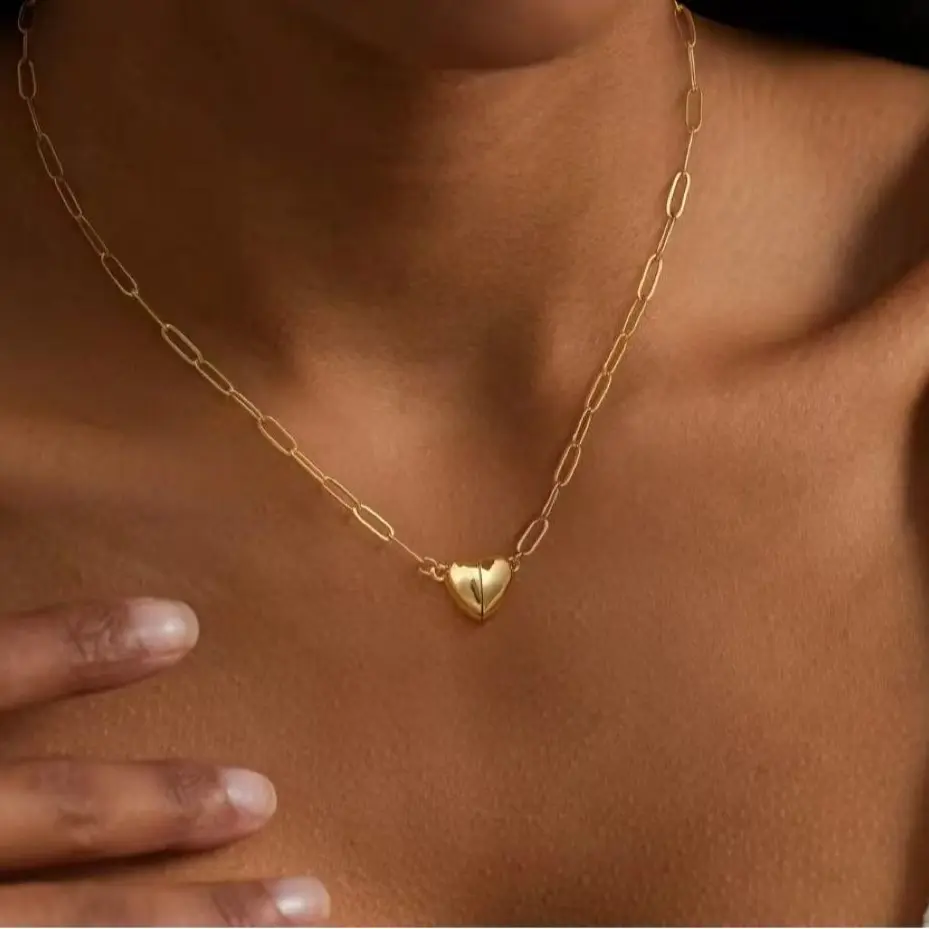 Paperclip necklace, gold and silver magnetic heart pendant, clavicle chain