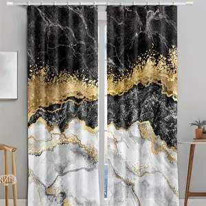 Modern Semi Transparent Black Gray Gold Marble Patterned Thin Curtains (2 Counts), Window Drapes, Home Decoration Curtain, Interior Decoration Accessories, Suitable for Living Room Window Decoration, with Free Accessories