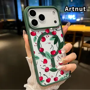 Magnetic Phone Case Supports Wireless Charging for iPhone 17 Pro Max 16 Plus 15 14 13 12 11 Air E Cherry - Leaf Lullaby Pattern Non-Yellowing Shockproof Soft Silicone Transparent Acrylic Cover.