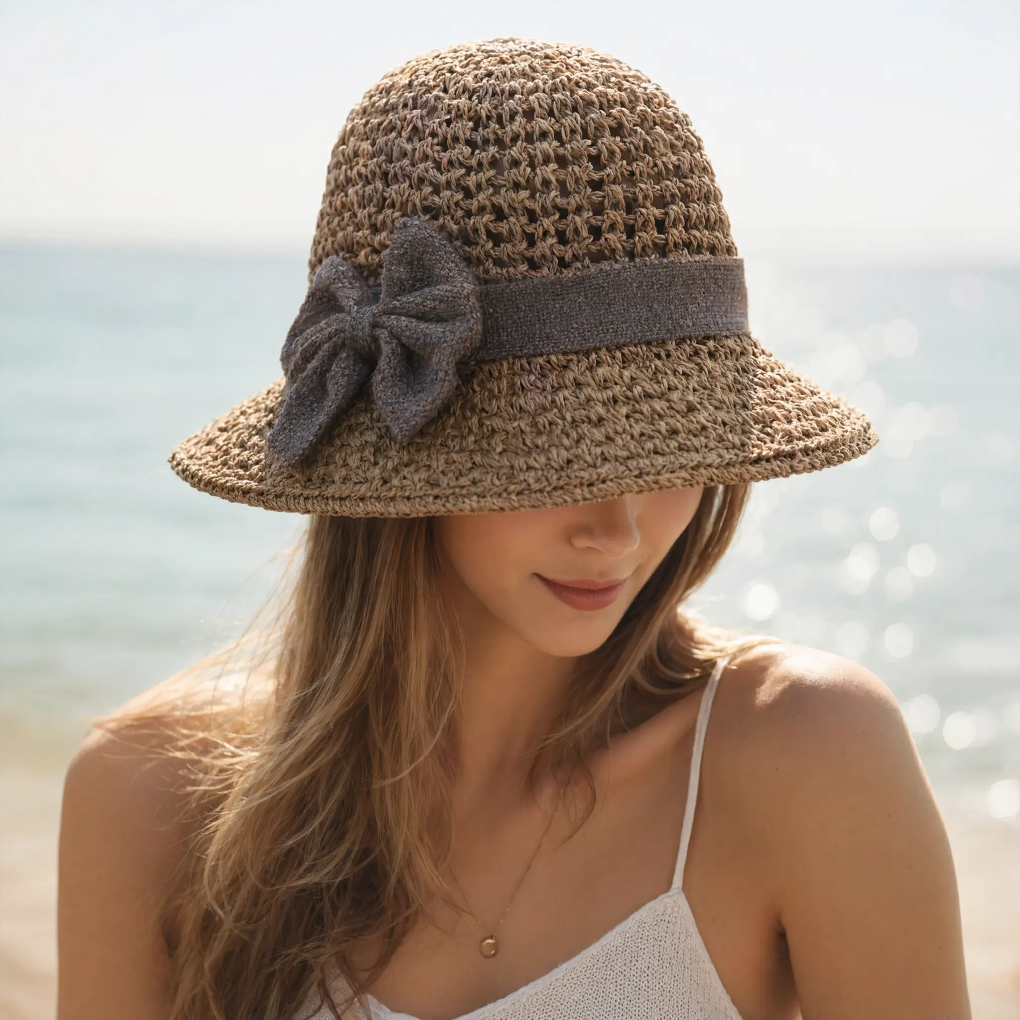 Women's Wide Brim Straw-Style Woven Hat, Foldable Wide-brimmed Sun Hat, Casual Round-top Beach Hat, beach essentials an Essential Everyday Fashion Item Rope Hat Sombrero Panama Rope Brim Hat,Casual Outdoor Sun Protection Cap for Women & Girls summer items