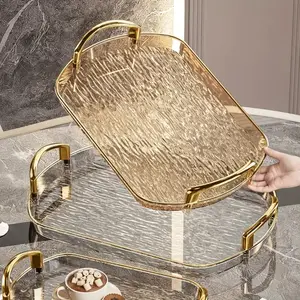 1pc Fashionable -Textured Plastic Tray with Golden Frame | Sturdy and Durable Modern Rectangular Tray with Rounded Corners and Double-Layer Design, Perfect for Home Use, Restaurants, Suitable for Seven Different Scenarios