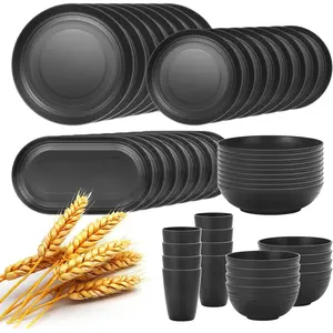 48-Pcs Kitchen Wheat Straw Dinnerware Set, Service for 8, Plastic Reuasble Dinner Dishes Serving Plate Set for Kitchen, Including Dinner Plate, Dessert Plate, Bowl, Cup(Black)
