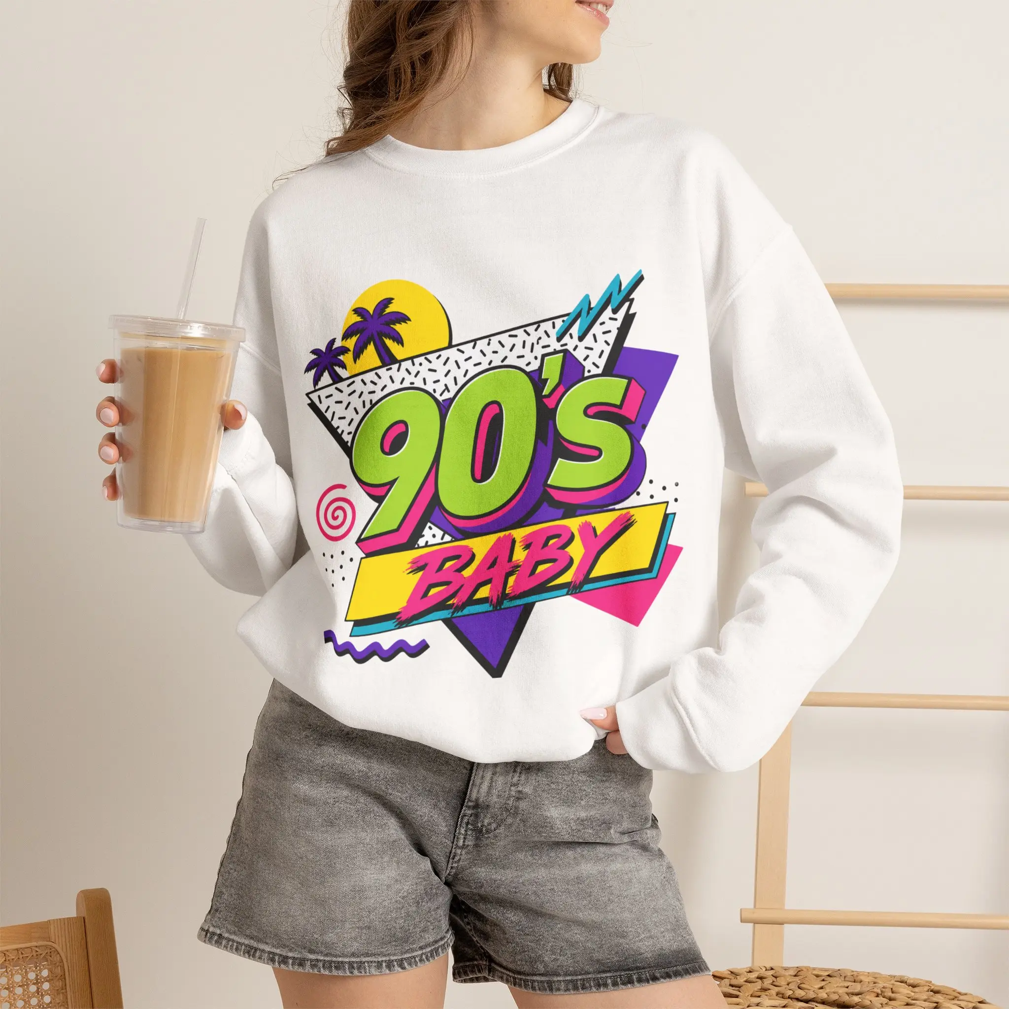 90s Baby Retro Graphic Crewneck Sweatshirt, Neon Vintage 90s Pullover, Y2K Nostalgia Gift Casual Colorful