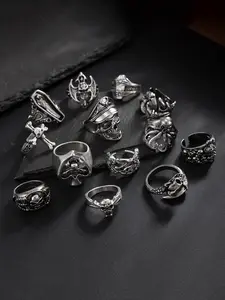 Gothic Punk Skull Bat Diamond Coffin Ring Set, 13 Piece Gothic Punk Jewelry Series, Dark Vintage Style Accessories, Dark Aesthetic Rings, Stacking Ring Set, Stackable Rings