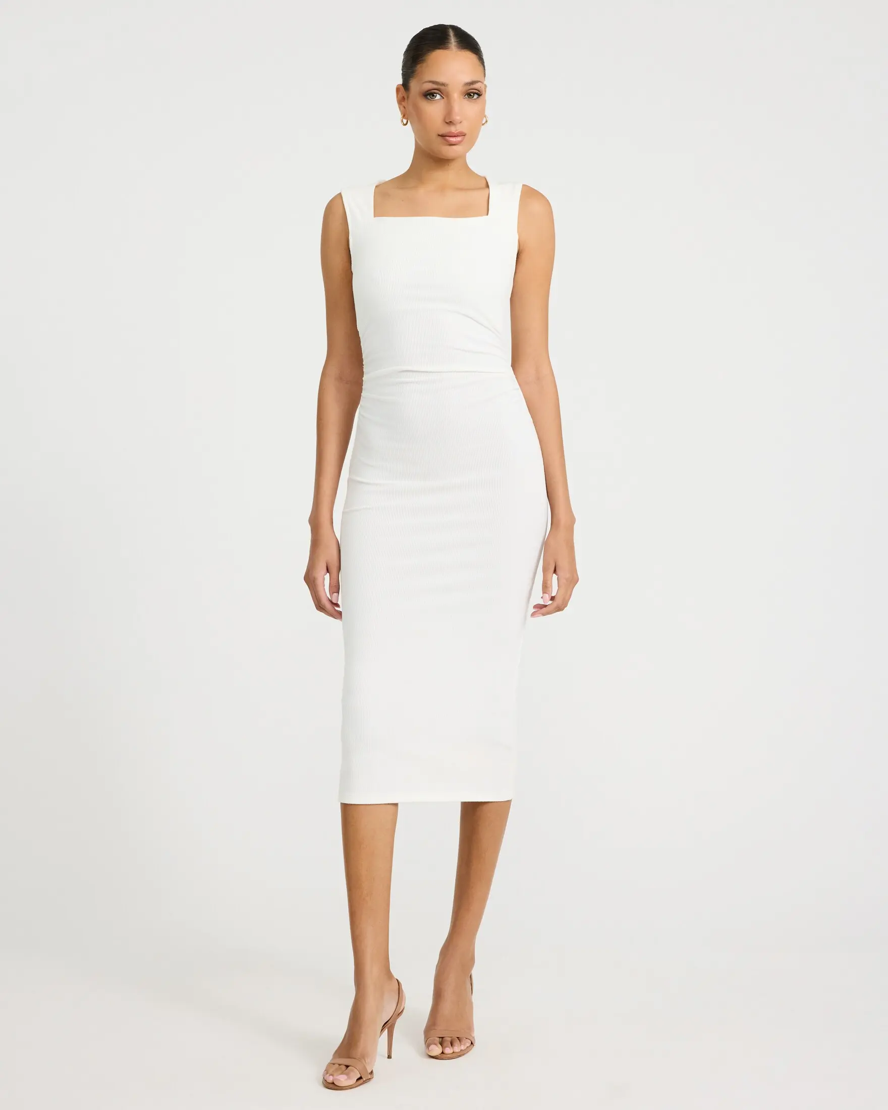 Express Ribbed Knit Square Neck Ruched Midi Sheath Dress, Spandex, Stretchy
