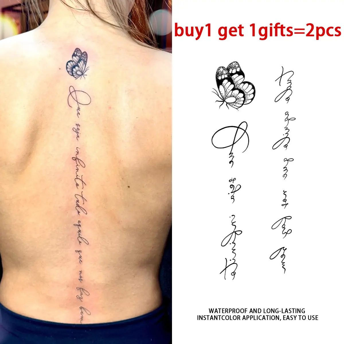 Butterfly Vertical Script Quote Series Temporary Tattoo Stickers - 2 Sheets Semi-Permanent Waterproof Realistic Fake Tattoos, Single Item for Women, All Skin Types Ideal for Swimming, Party