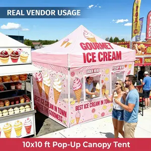 Pink Ice Cream Tent Waterproof Heavy Duty Outood Canopy Foldable Aluminium Frame Refreshment Stand Advertising Commercial Tent Food Booth Stand InStock Tent with Full Back Wall for Street Fairs