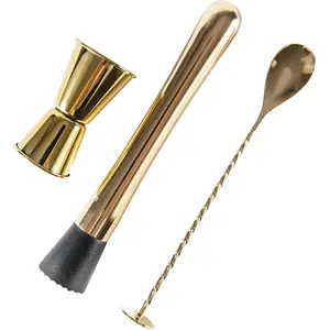 3-Pcs Gold Muddler for Cocktails, Cocktail Set Mixing Tools,10" Muddler for Cocktails Drink Muddler, 12" Cocktail Spoon and 1 Oz 2 Oz Double Jigger, Bar Tool Set for Beverages Drinks JNWINOG