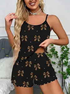 Women's Sexy Strapless Pajama Set, Leopard Print Butterfly Knot Full Print, Slim-Fitting Two-Piece Sleepwear, Comfortable Nightwear, Loungewear, Pjs