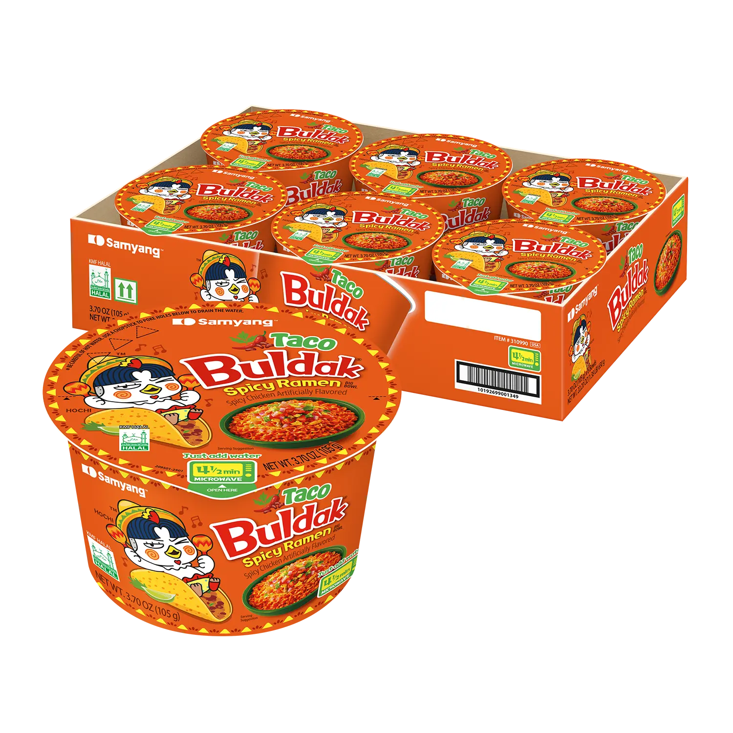 Buldak Pack of 6 Taco Hot Chicken Spicy Flavor Korean Instant Ramen Noodle Big Bowl Easy Prep Convenient