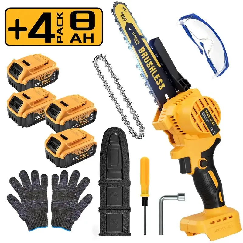 8-Inch Brushless Lithium-Ion Portable Hand Chainsaw Power Tool, Dewalt 20V/60V Battery Compatible, 1100W, 5m/s Chain Speed, 800g Ultra-Lightweight, for Tree Pruning & Timber Cutting, with Saw Blades
