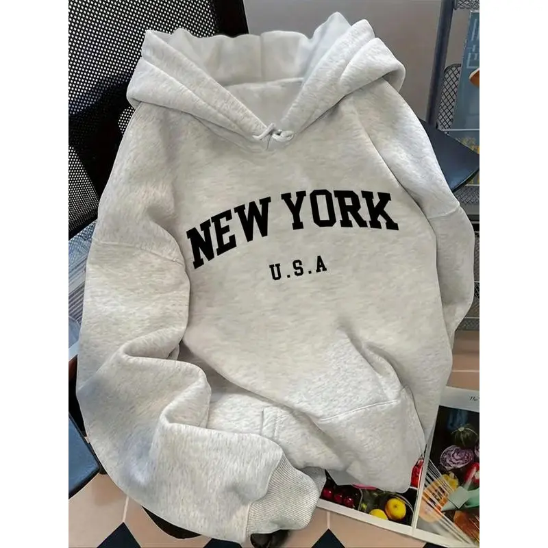 Trendy Women's Oversized Gray Hoodie with Bold 'NEW YORK U.S.A' Print – Soft & Comfy Pullover, Streetwear Essential, Loose Fit Casual Sweatshirt, Y2K Fashion, Unisex Style, Perfect for Layering, Fast Shipping, Limited Stock!