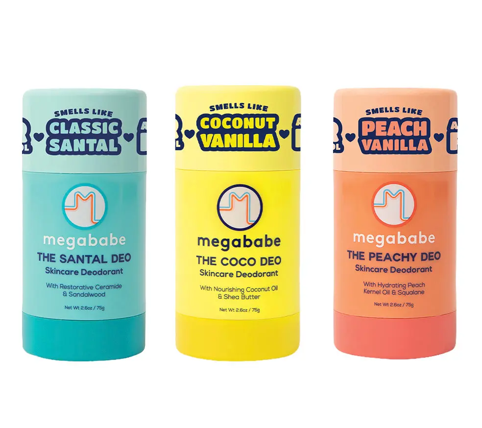 Megababe Scent-sational Deo Trio - 3 Skincare Deodorants with 72 Hour odor protections | The Santal Deo, The Coco Deo, The Peachy Deo