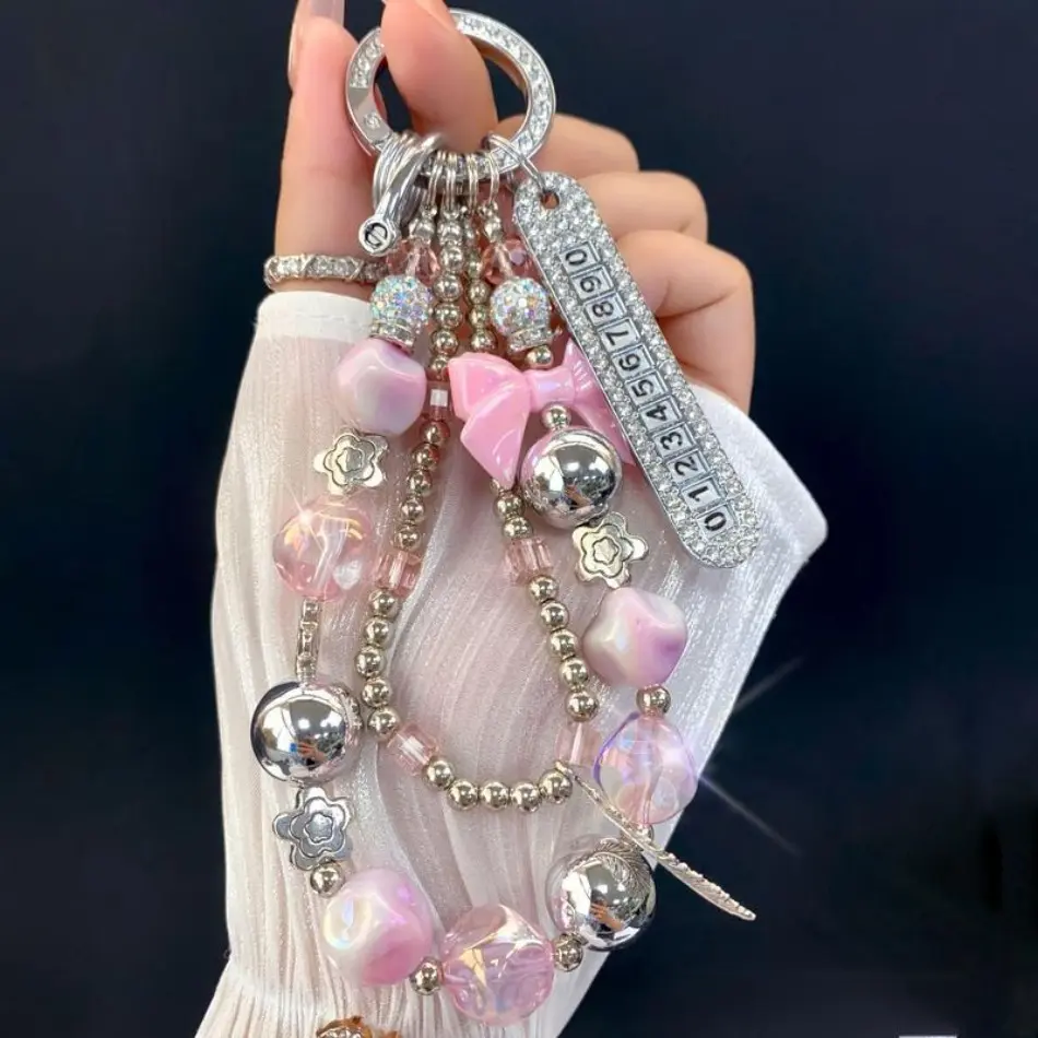 2026 New Luxury Beaded Wristlet - Rhinestone Butterfly Cellphone Charm Accessory, White Design Mobile Phone Case Decoration with Number Plate, Keychain for Leisure Outdoor Use, New Year Gift Accessories, White+Number Plate+Keychain, Phone Accessories