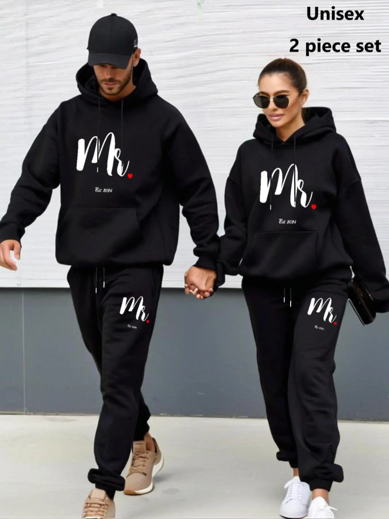 Couple Letter Print Hoodies & Sweatpants Set, Casual Long Sleeve Hoodie & Jogger Pants, Sporty Clothes for Fall & Winter, Couples Set