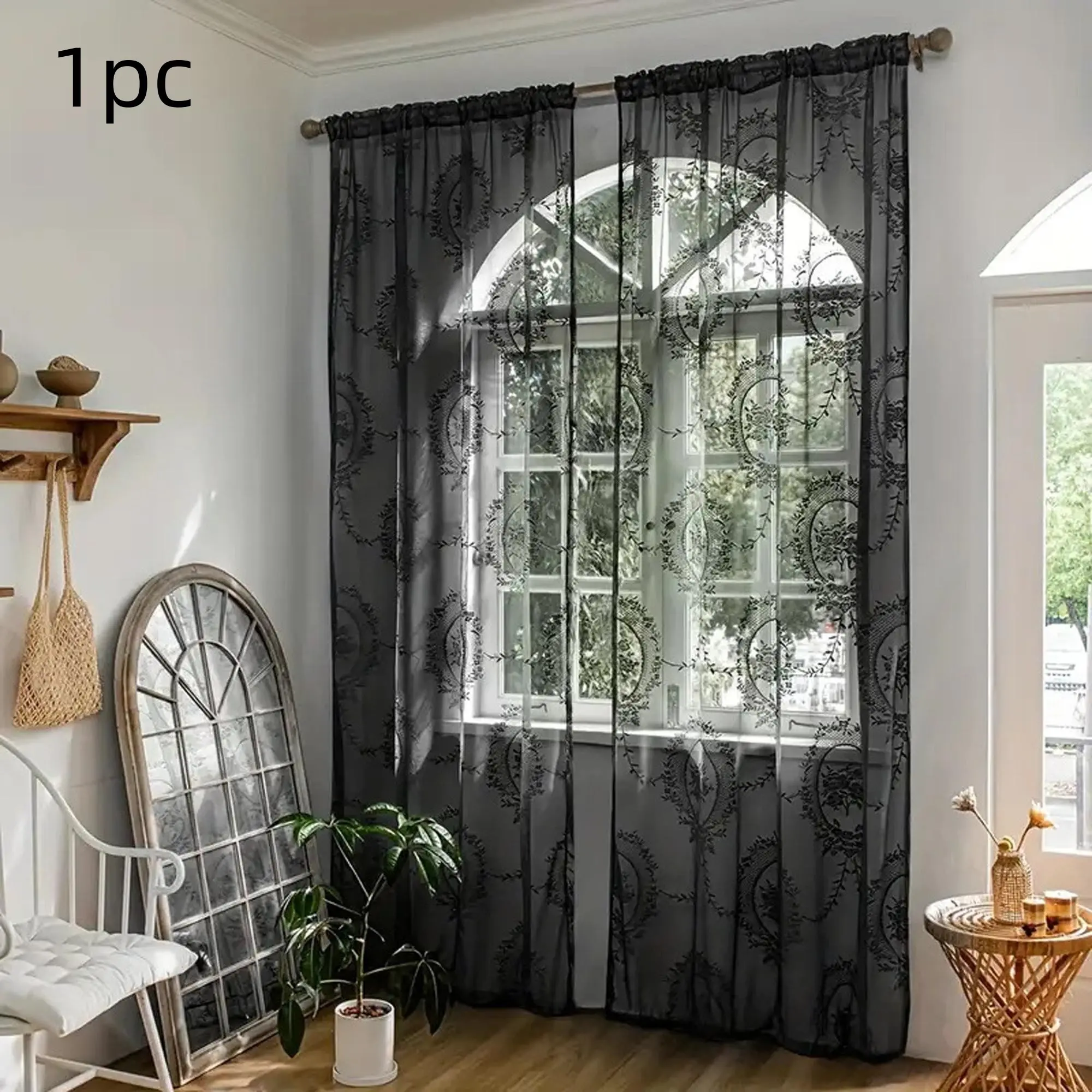 Lace Curtains With Attached Valance , Rod Pocket Vintage Semi Sheer Embroidered Floral Window Curtain Drapes Home Decor For Living Room, Bedroom, Balcony, Net Curtains