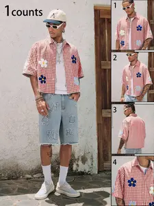 Men's Floral Embroidery Plaid Checked Short Sleeve Crop Shirt, Regular Fit Fitted Casual Fashion Comfy Breathable Gingham Trim Shirt for Summer, Men's Top for Daily Wear Menswear