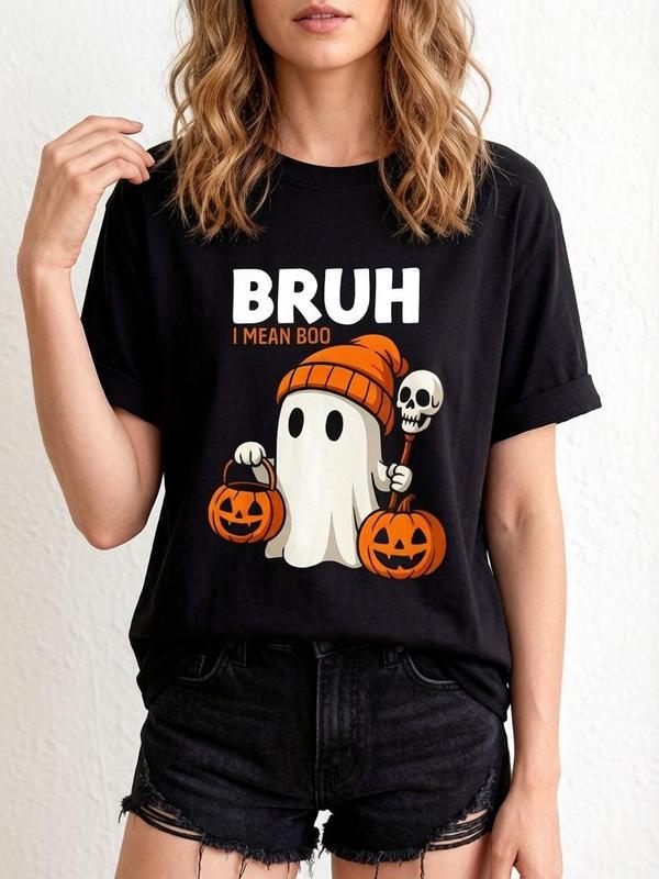 Women's Ghost Style Halloween Pure Cotton Short Sleeve Graphic Print Tshirt - Lightweight Crew Neck Well-Fitted Streetwear Tee, Distressed Retro Skull Pumpkins, Vintage Dark Aesthetic Fashion Casual Top