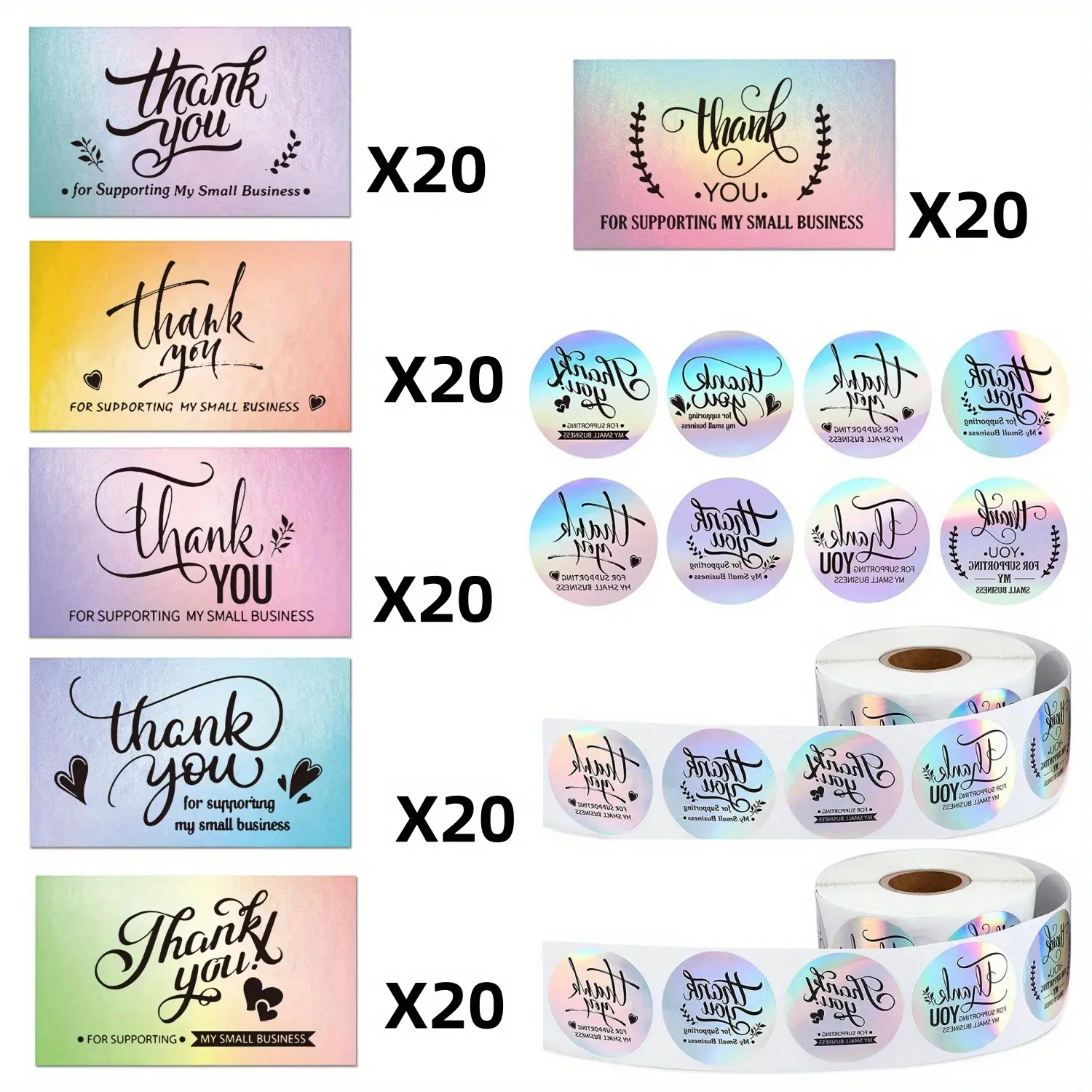 1120-Piece Business Appreciation Gratitude Cards and Stickers Set - 120 Cards, 1000 Roll Labels, Holographic Package Inserts for Small Business Thank You Messages
