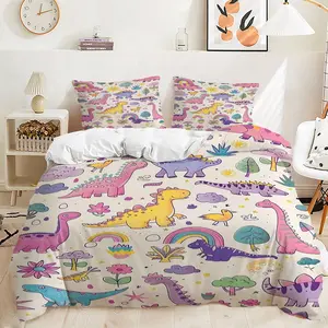 2/3Pcs Adorable Cartoon Dinosaur Duvet Cover Set, Whimsical Pastel Bedding Set for Kids, Soft Off-White Background, Perfect for Fun Bedroom Decor, Cozy and Playful Comforter Cover for Little OnesIncludes 1 or 2 Pillowcase - No filling/Zipper Closure