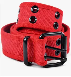 Canvas Double Grommet Hole Belt Unisex Braided with Double Prong Metal Buckle for Versatile Looks