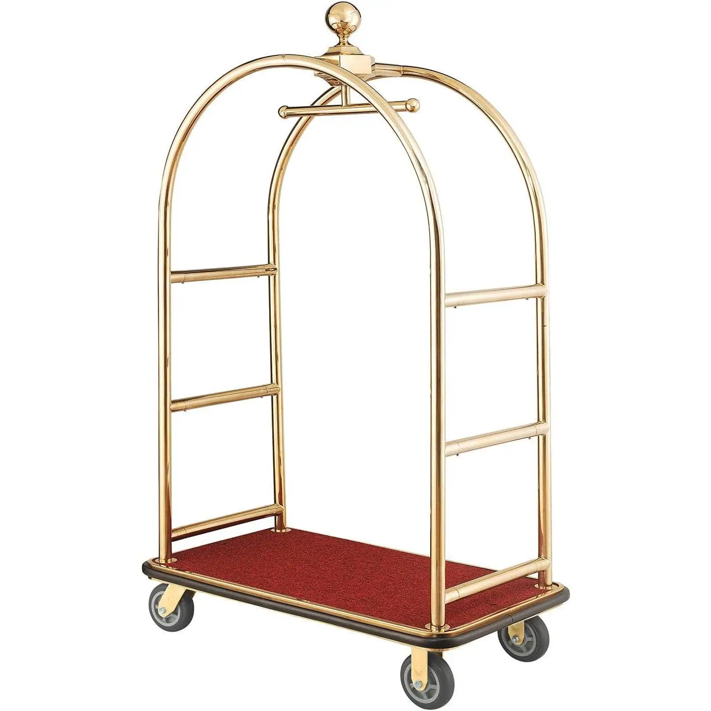 Global Industrial Gold Stainless Steel Bellman Cart Curved Uprights | 6" Rubber Casters, 41-1/4"L x 24"W x 73"H, Hotel Luggage Cart For Commercial Use, Condos, Resorts
