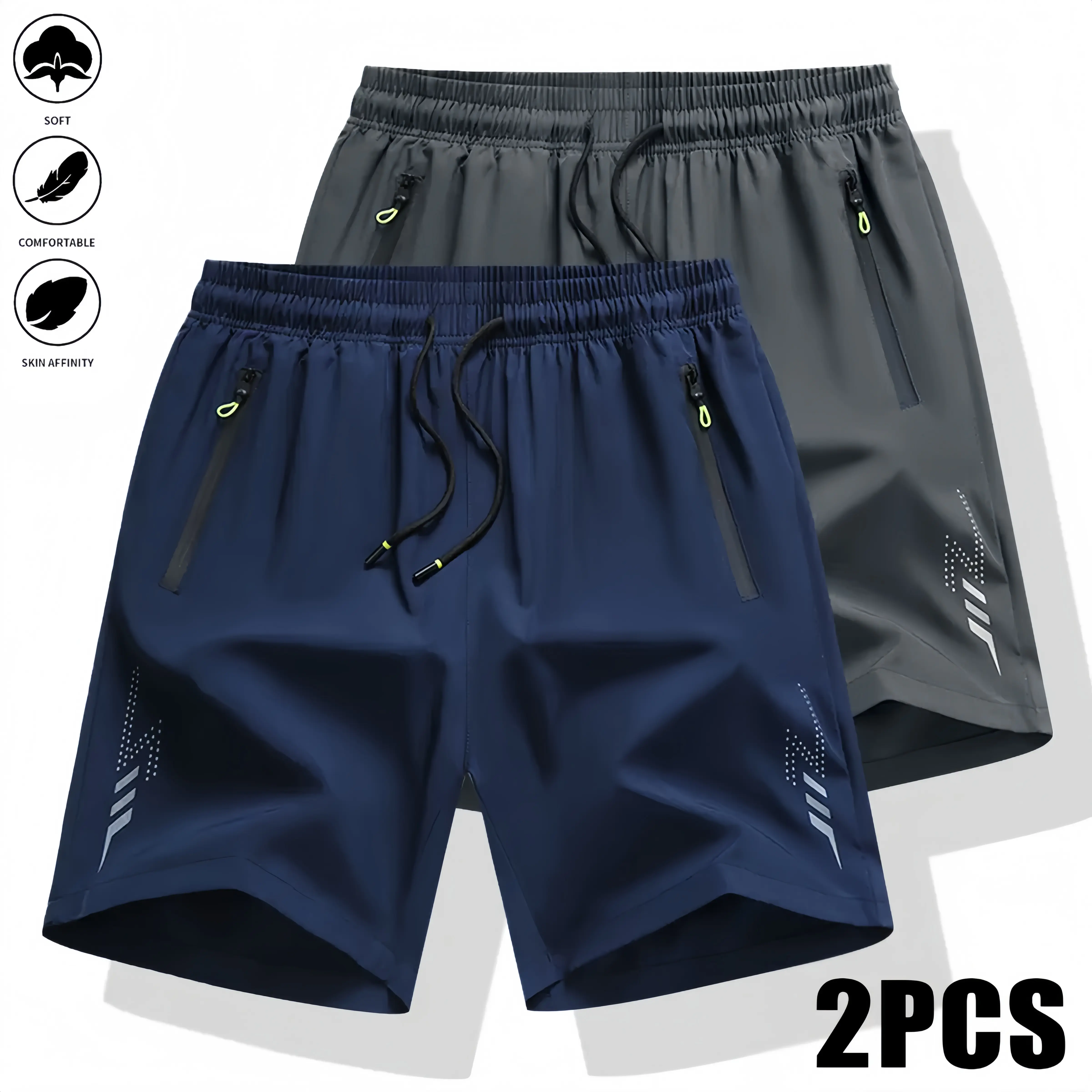 Men’s summer drawstring casual shorts, 2-pack, featuring zippered pockets and made from breathable quick-dry fabric—ideal for outdoor sports, running, hiking, and more; an ideal gift for sports enthusiasts. run Solid Color Zipper daily, Casual Athleisure,