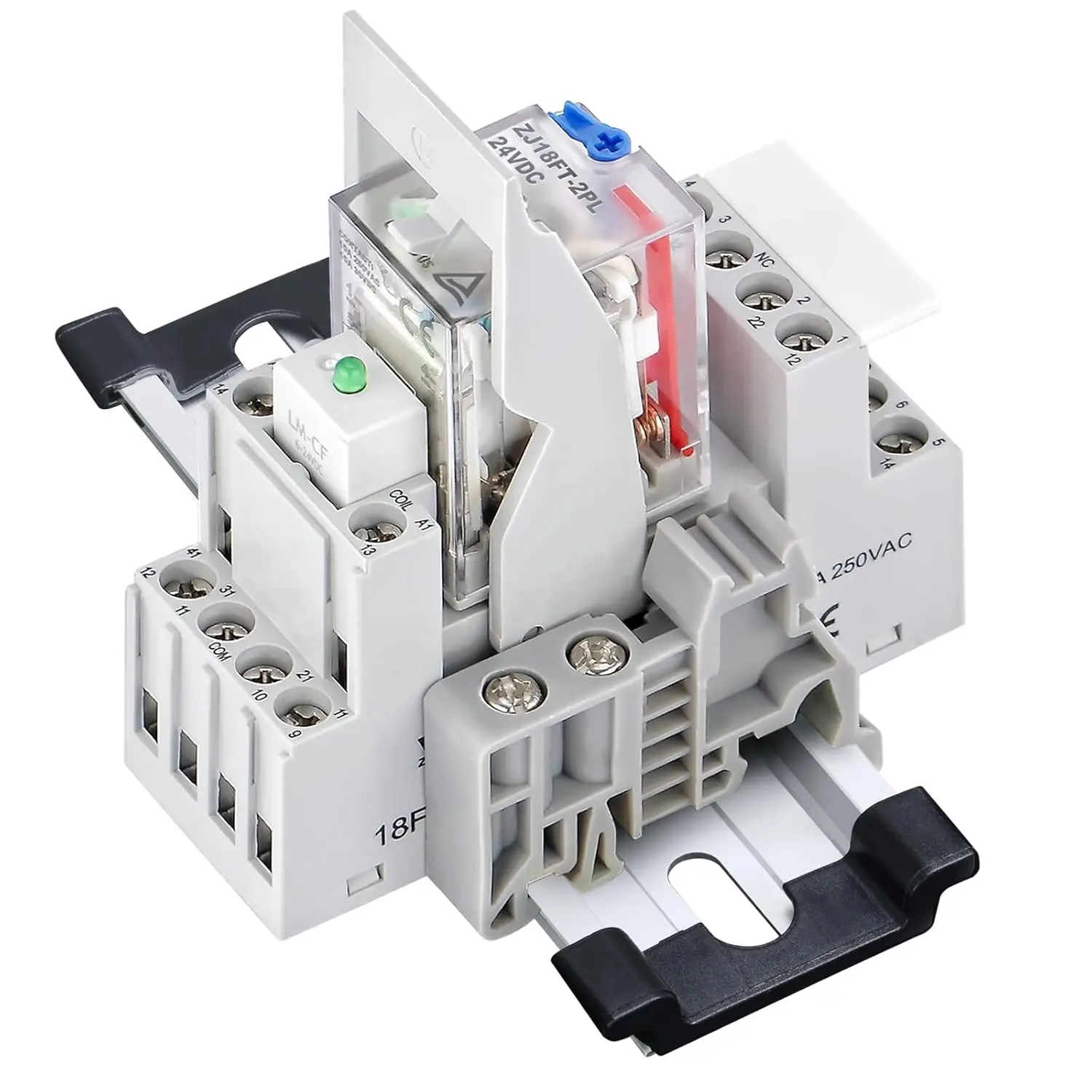 Electromagnetic Power Relay10 Amp Din Rail 24V DC 8-Pin, DPDT 2-Ways with Test Button, Socket Base, DIN Rail, LED Moudle