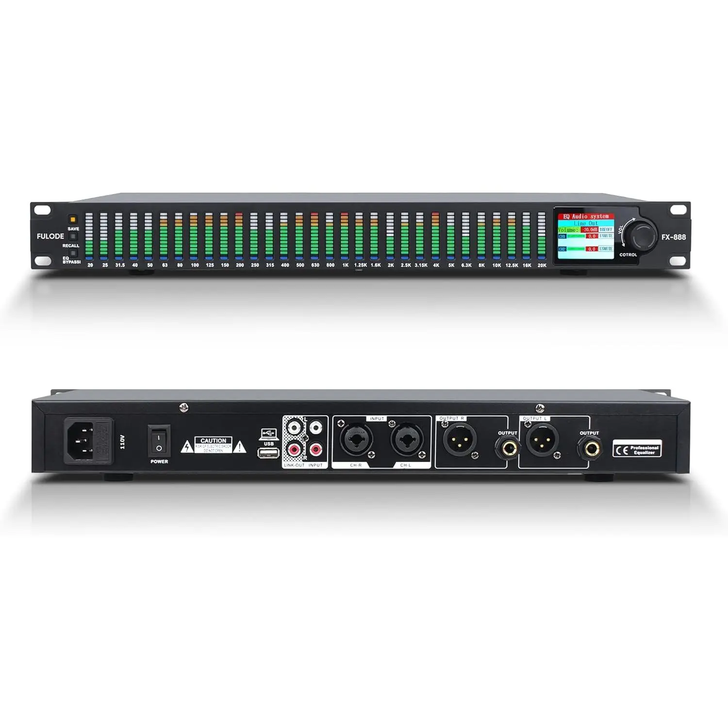 FX-888 Dual Channel Synchronized Control 31-Band Digital Graphic Equalizer with Multiple I/O, 99% Absolute Accuracy, Digital Audio Interface Equalisation, Large Operation Screen, LED Liquid Crystal Screen, Noise Reduction, Stereo Functionality