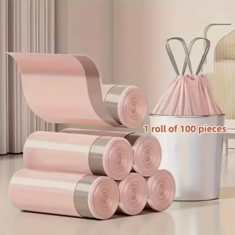 100 Thick Drawstring Trash Bags, Durable PE Garbage Bags for Kitchen, Bathroom, Bedroom & Living Room, Easy Seal, Leak-Proof Household Garbage Bags, Pieces, Roll