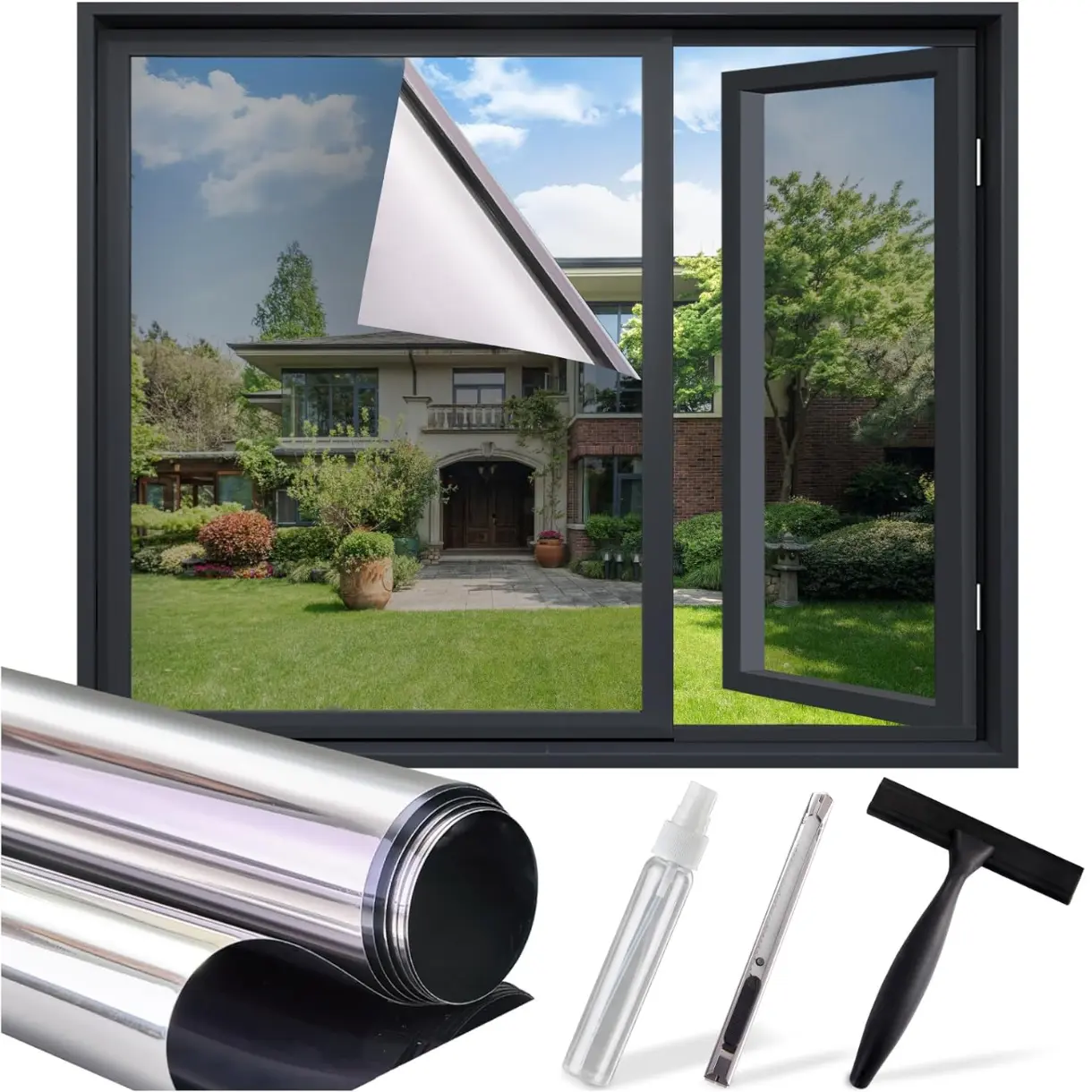 One Way Window Privacy Film, Home Windows Tint Reflective Windows Film See Out Not in Sun Blocking Anti UV Mirror Windows Clings Daytime Privacy Door Covering with 3 Tools, Silver, 17.5 * 78.7 Inch