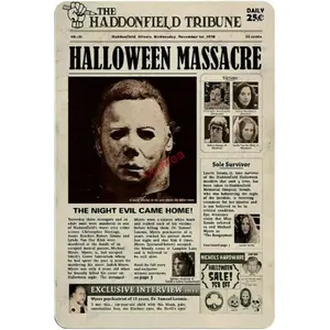 The Haddonfield Tribune Halloween Massacre ReproductionCreative Tin Sign Funny Novelty Metal Vintage Wall Decor for Home Door Garden Bar Restaurant Cafe Office Shop Club Gift 12x8inch