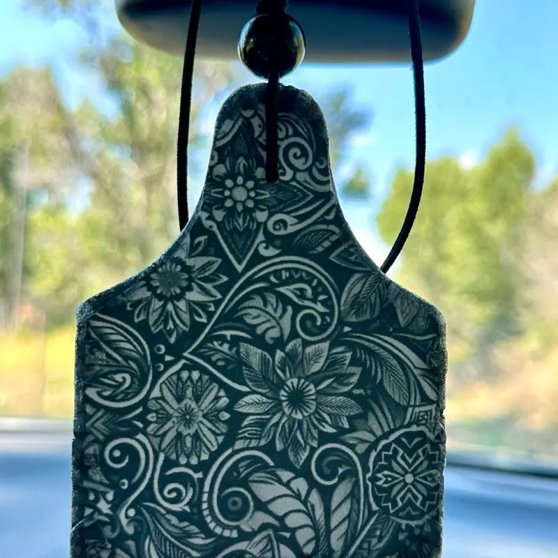 hanging car freshie, cow tag, faux leather cardstock