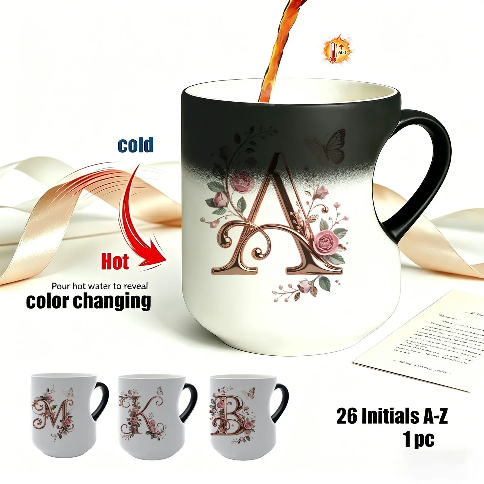 Elegant Rose Gold Floral Initial Color Changing Ceramic Printed Drinkware Coffee Mug, Heat Sensitive Magic Coffee Cup, Unique Personalized Gift for Friends & Family, Ceramic Cups, Ceramic Mugs