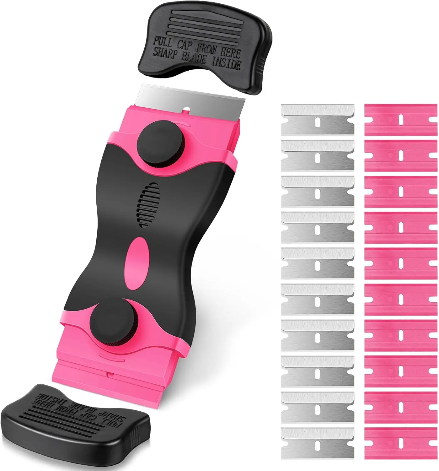 Razor Scraper Tool with 20 Blades | 10 Plastic + 10 Metal | Safe Sticker, Paint & Gunk Remover | For Glass, Stovetop, Tile, Walls (Pink)