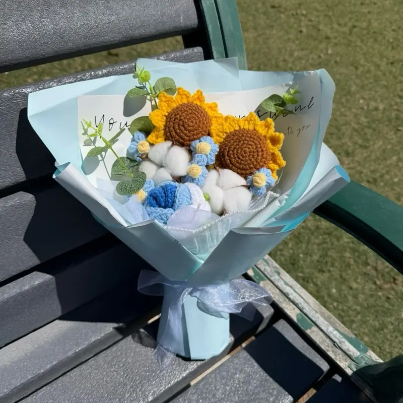 Premium Small Blue&Sunflower Crochet Flower Bouquet