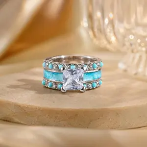 Women's 3-Piece Turquoise Stone Engagement & Wedding Ring Set - Rings for Women, Turquoise Jewelry, Stylish Costume Accessory for Holiday Gifting