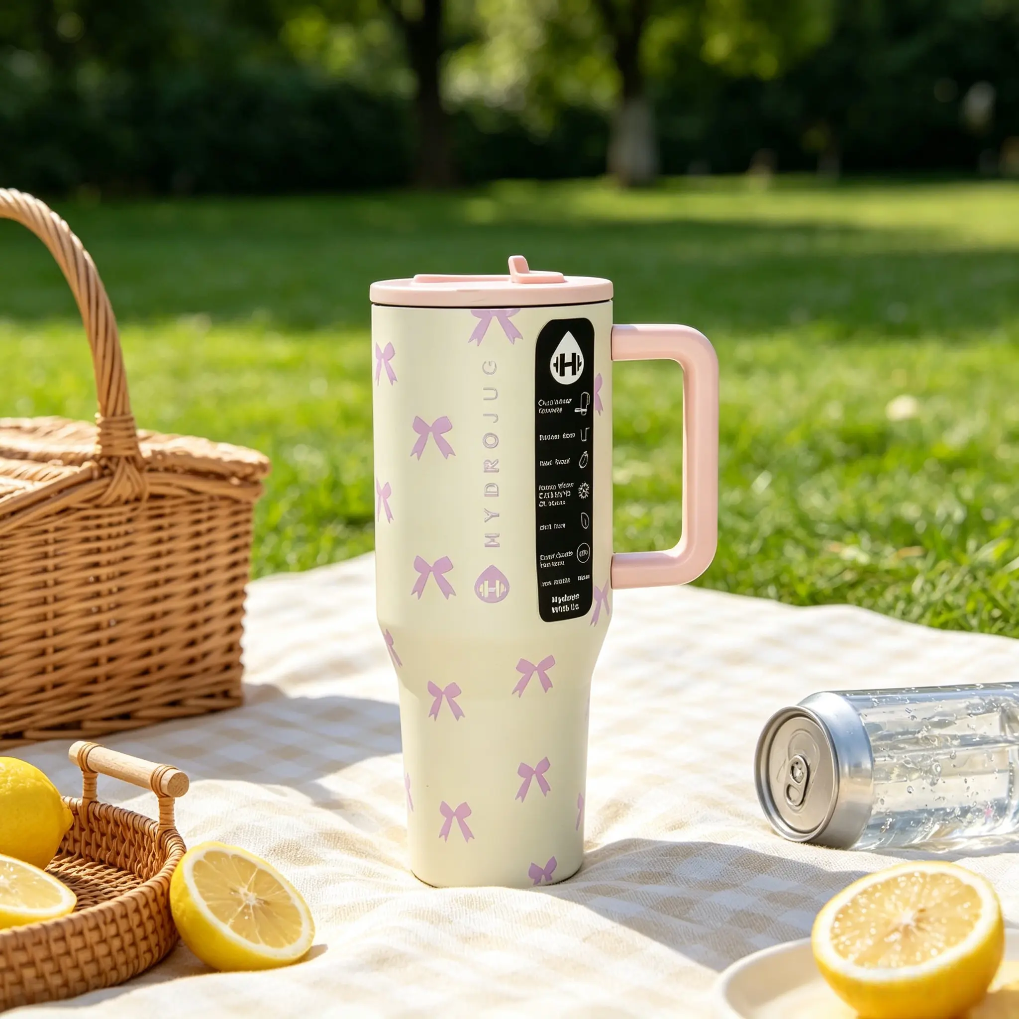 HydroJug 40oz Coquette Stainless Steel Vacuum Tumbler - Cute Pink Bow Print, Pink Handle, Straw, Leakproof Lid, 24-Hour Ice Retention, Travel Mug for Car, Gym