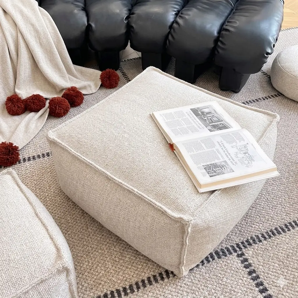 Unstuffed Storage Ottoman Cover - Modern Square Pouf Cover & Footrest Shell, Thickened Fabric Smart Storage Solution for Clothes, Blankets & Toys (Cover Only)