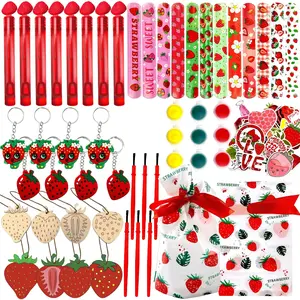 Strawberry Party Favors - 12 Pcs Strawberry Wooden Painting Kit, Wristband, Bubble Wand, keychain, stickers and Strawberry bag for Kids