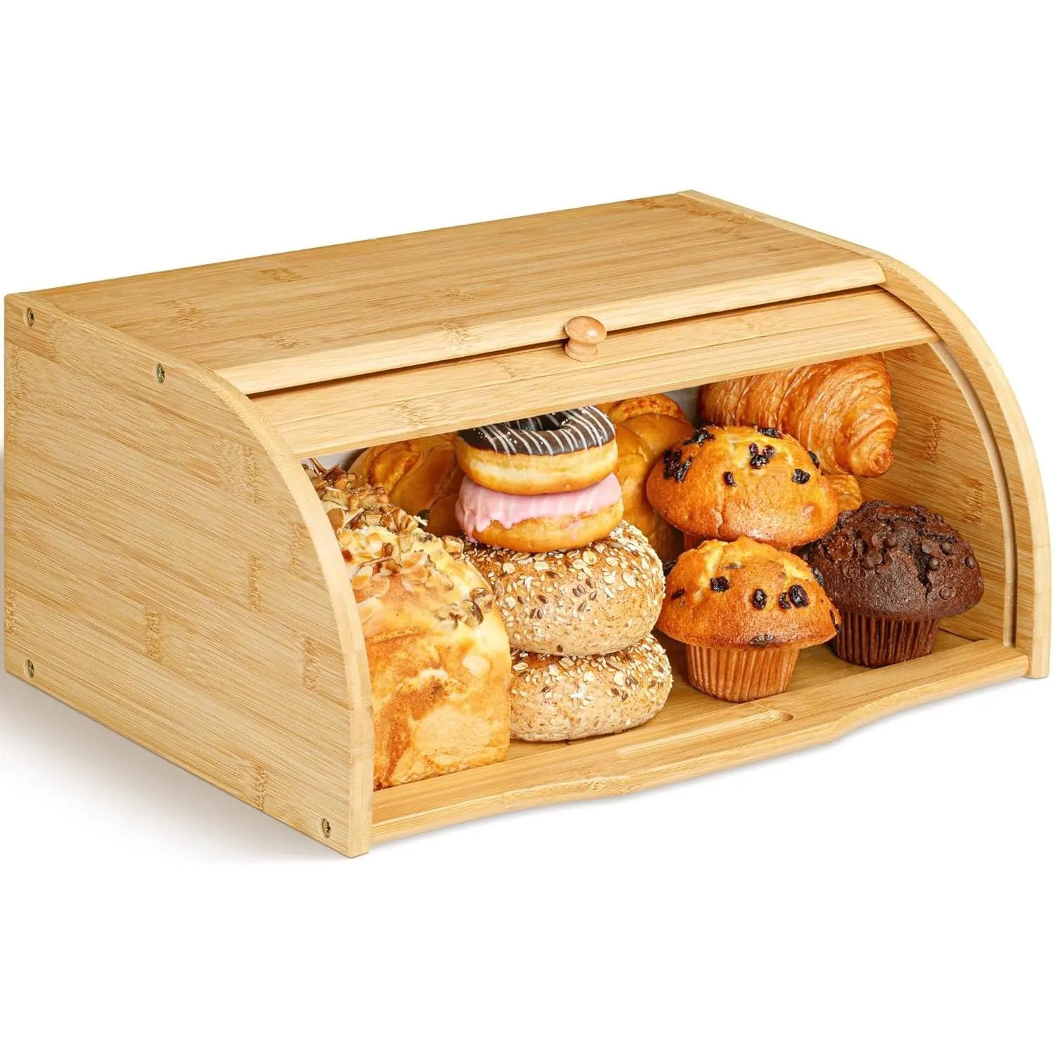 Golden Nature Finish Bamboo Bread Box with Lid for Kitchen Countertop - 1 or 2-Layer Options, Built-In Pull-Out Hand Wash Cutting Board, Removable Crumb Tray, Large Wooden Utensils & Grains Food Storage Fresh-Keeping Container