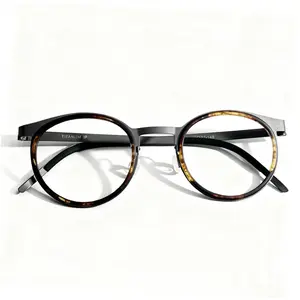 FIANPOR Retro Round Eyeglasses Fashionable Brown Tortoise with Titanium IP Frame for Comfort and Style