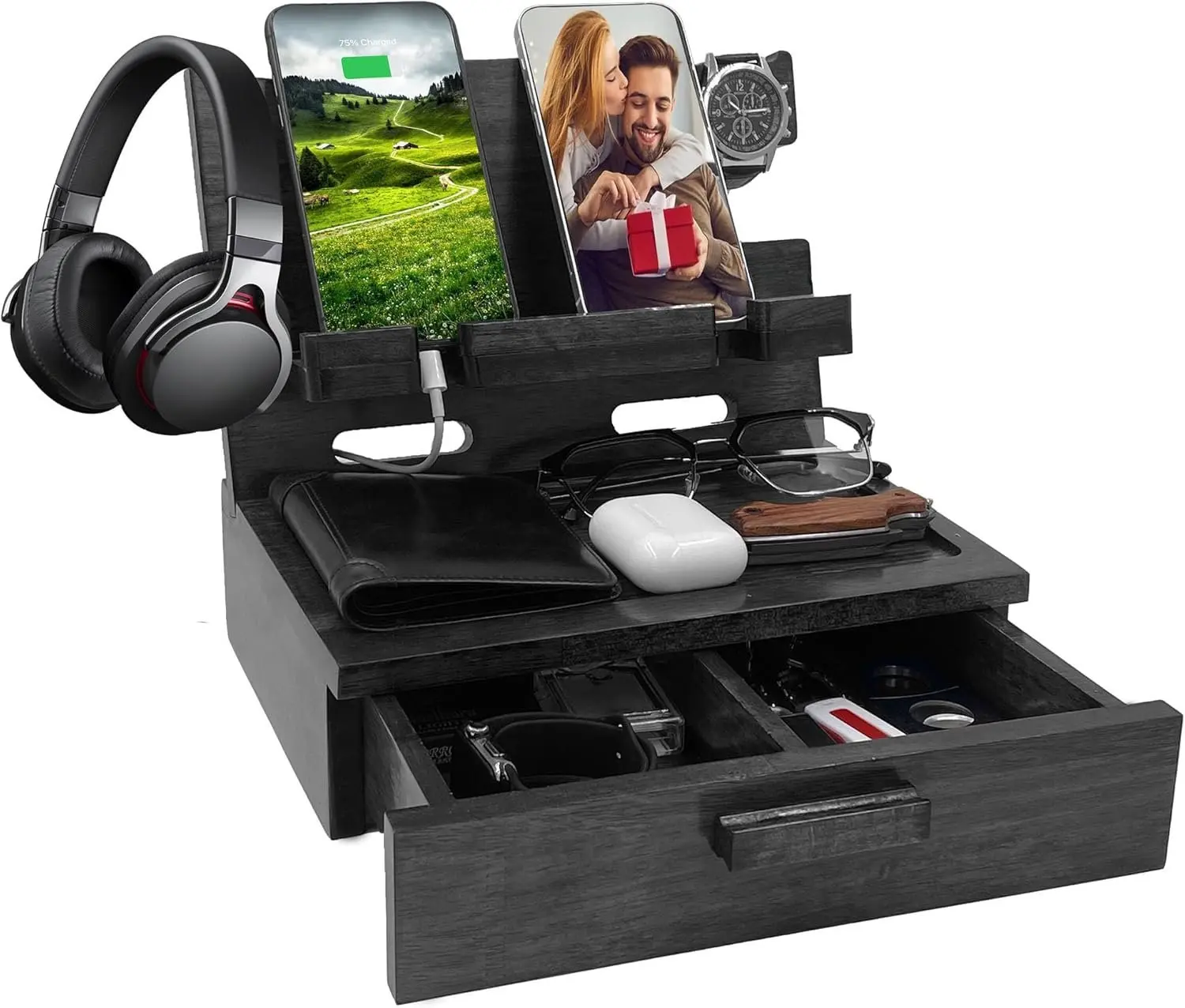 Gifts for Him Husband Boyfriend Son Men Nightstand Organizer  Phone Docking Station Birthday Gifts (Black)