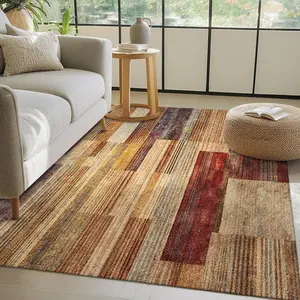 Soft, non-slip rubber backing, geometric striped patchwork pattern, modern minimalist style Living room rug, Modern indoor rug, easy to clean, Machine Washable Rugs, suitable for hallway, living room 15-25 sqm, kitchen