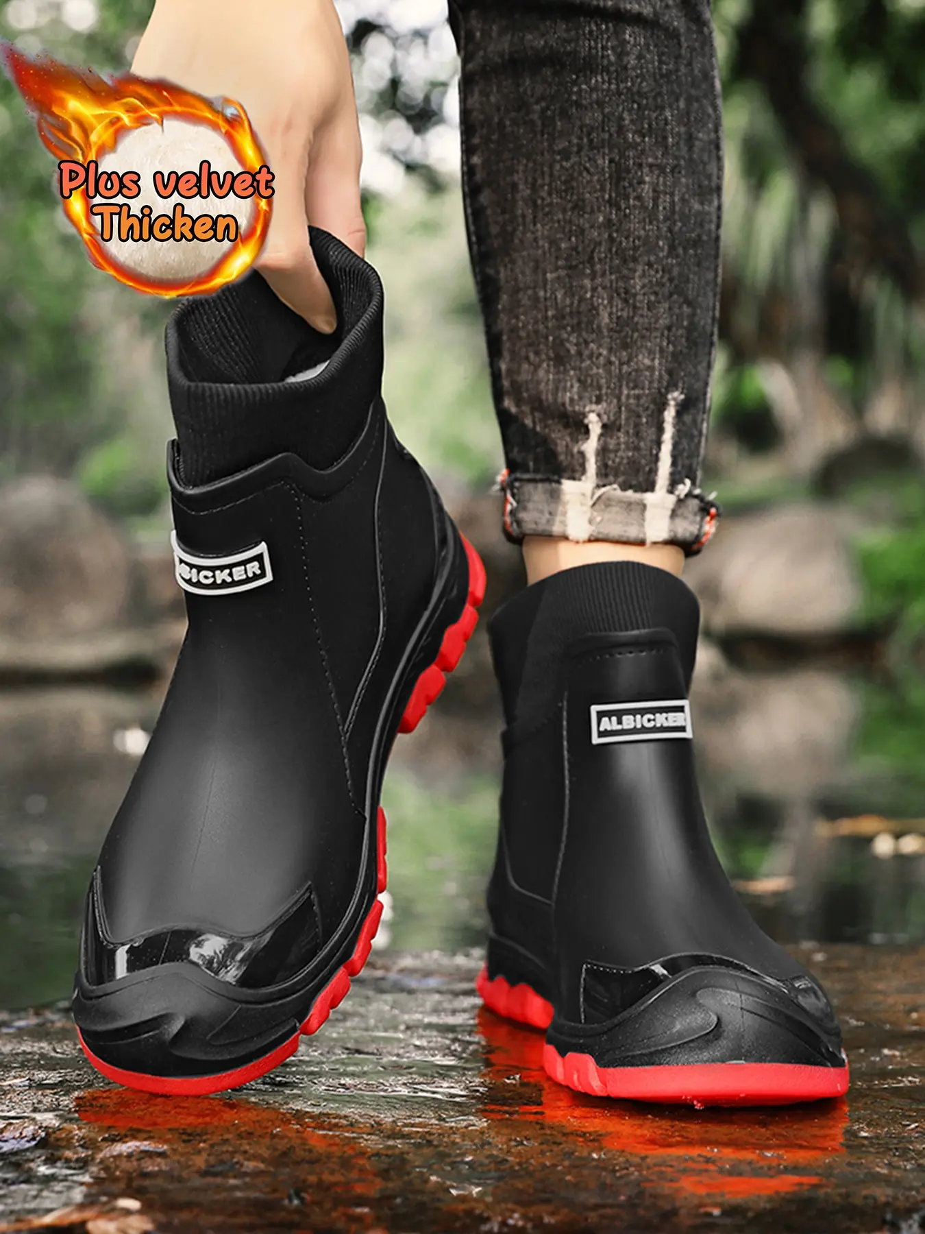 Winter Couple's Fleece-lined Closed Rain Boots, Plus Size, Thick Sole, Waterproof, Non-slip, Comfortable, Suitable for Kitchen Work/outdoor Fishing Footwear, Chunky Boots