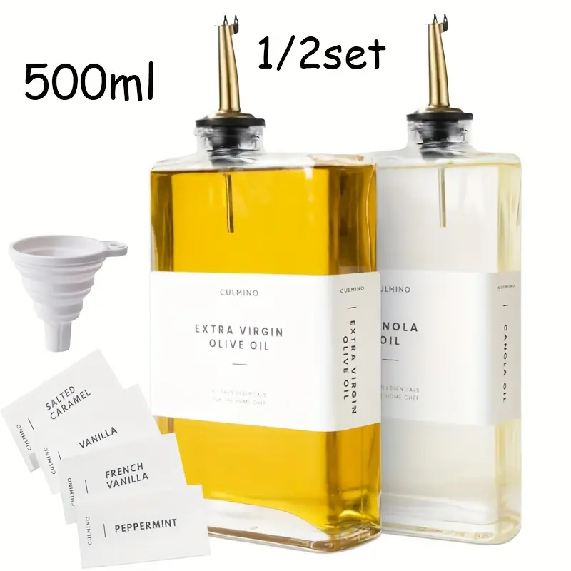 Glass Bottle Set with Pour Spout, Cooking Oil Container, Oil Dispenser for Kitchen Use, 500ML Bottles for Cooking, Olive Oil, Soy Sauce, Coffee Syrup, Kitchenware, Kitchen Gadgets